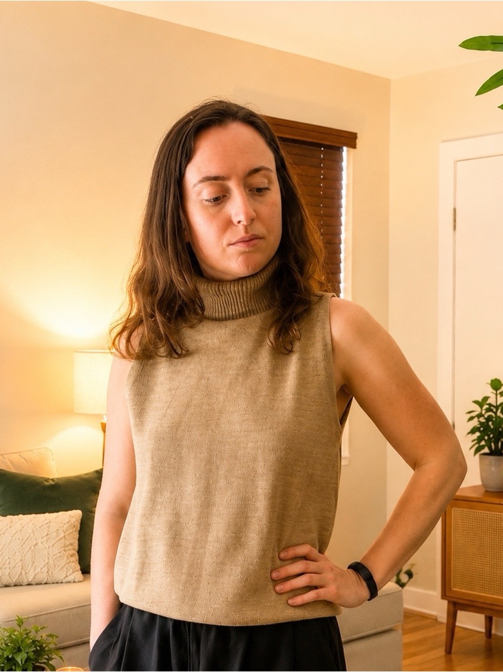 Zara Ribbed Sleeveless Turtleneck in Camel Beige
